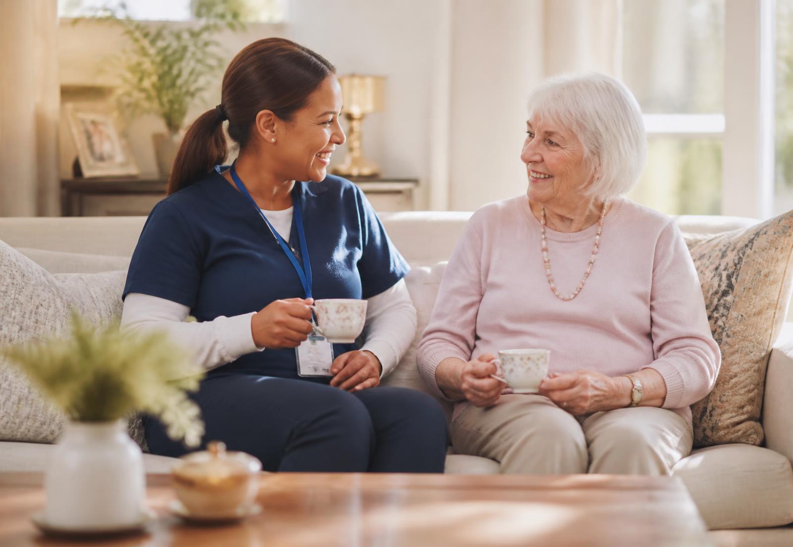 A caregiver and an older woman sharing tea and conversation in a sunlit living room
